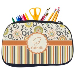 Swirls, Floral & Stripes Neoprene Pencil Case - Medium w/ Name and Initial