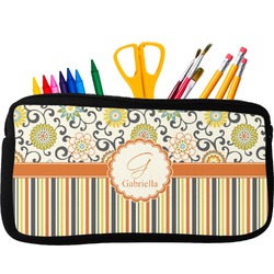 Swirls, Floral & Stripes Neoprene Pencil Case - Small w/ Name and Initial