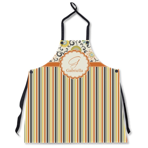 Custom Swirls, Floral & Stripes Apron Without Pockets w/ Name and Initial