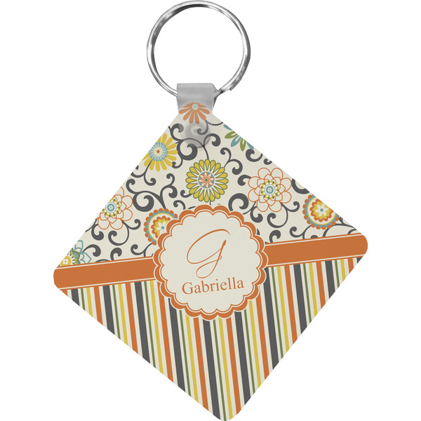 Custom Swirls, Floral & Stripes Diamond Plastic Keychain w/ Name and Initial