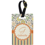 Swirls, Floral & Stripes Plastic Luggage Tag - Rectangular w/ Name and Initial