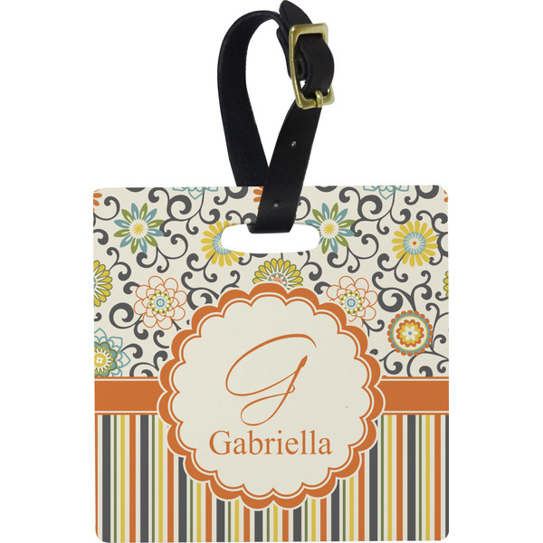 Custom Swirls, Floral & Stripes Plastic Luggage Tag - Square w/ Name and Initial