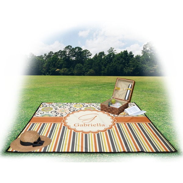 Swirls, Floral & Stripes Picnic Blanket - with Basket Hat and Book - in Use