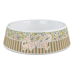 Swirls, Floral & Stripes Plastic Dog Bowl - Large (Personalized)