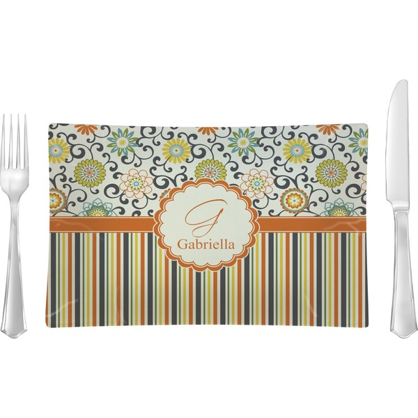 Custom Swirls, Floral & Stripes Rectangular Glass Lunch / Dinner Plate - Single or Set (Personalized)