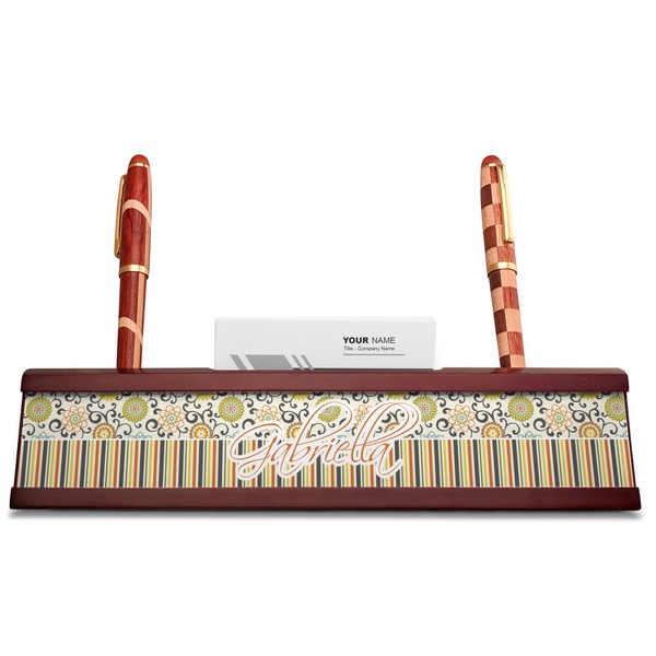 Swirls, Floral & Stripes Red Mahogany Nameplates with Business Card Holder - Straight