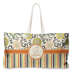 Swirls, Floral & Stripes Large Tote Bag with Rope Handles (Personalized)