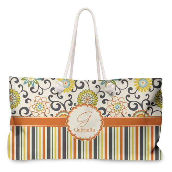 Custom Swirls, Floral & Stripes Large Tote Bag with Rope Handles (Personalized)