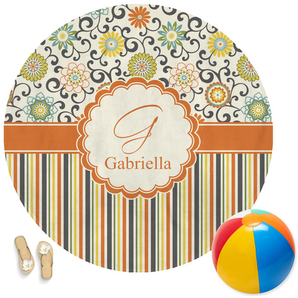 Custom Swirls, Floral & Stripes Round Beach Towel (Personalized)