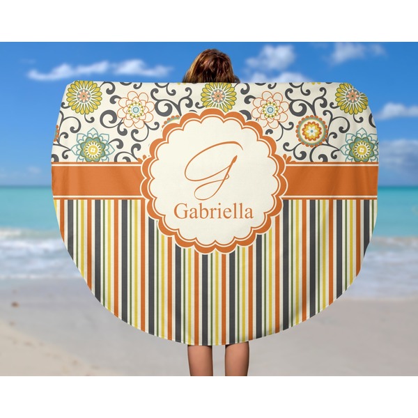 Swirls, Floral & Stripes Round Beach Towel - In Use