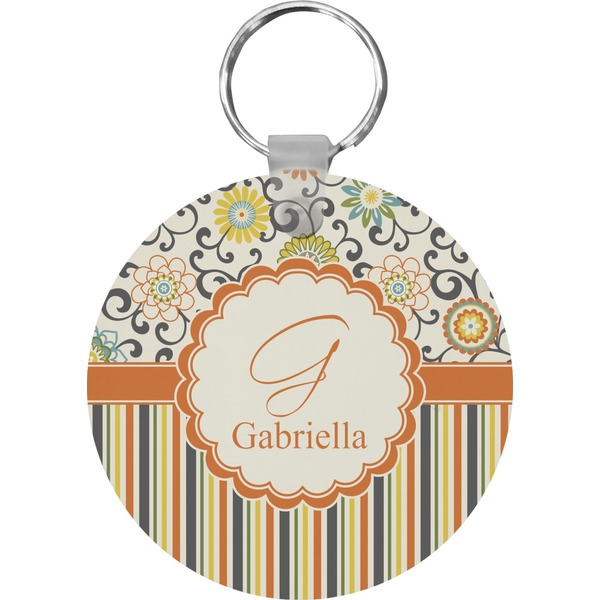 Swirls, Floral & Stripes Round Keychain (Personalized)