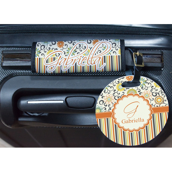 Swirls, Floral & Stripes Round Luggage Tag & Handle Wrap - In Context