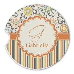 Swirls, Floral & Stripes Sandstone Car Coaster - Single (Personalized)