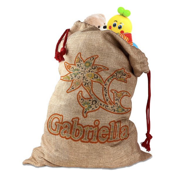 Swirls, Floral & Stripes Santa Bag - Front (stuffed w toys) PARENT