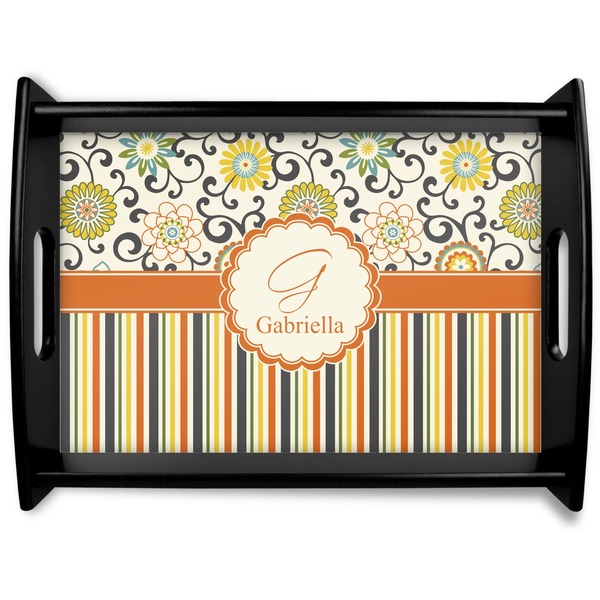 Custom Swirls, Floral & Stripes Black Wooden Tray - Large (Personalized)