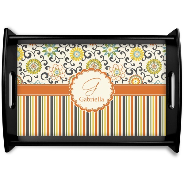 Custom Swirls, Floral & Stripes Black Wooden Tray - Small (Personalized)