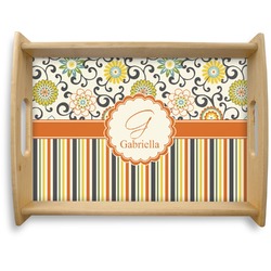 Swirls, Floral & Stripes Natural Wooden Tray - Large (Personalized)