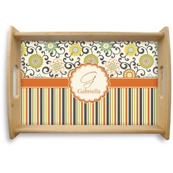 Swirls, Floral & Stripes Natural Wooden Tray - Small (Personalized)