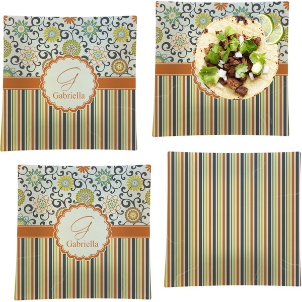 Custom Swirls, Floral & Stripes Set of 4 Glass Square Lunch / Dinner Plate 9.5" (Personalized)