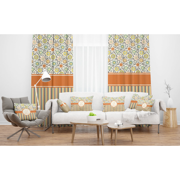 Swirls, Floral & Stripes Sheer and Custom Curtains in Room with Matching Pillows