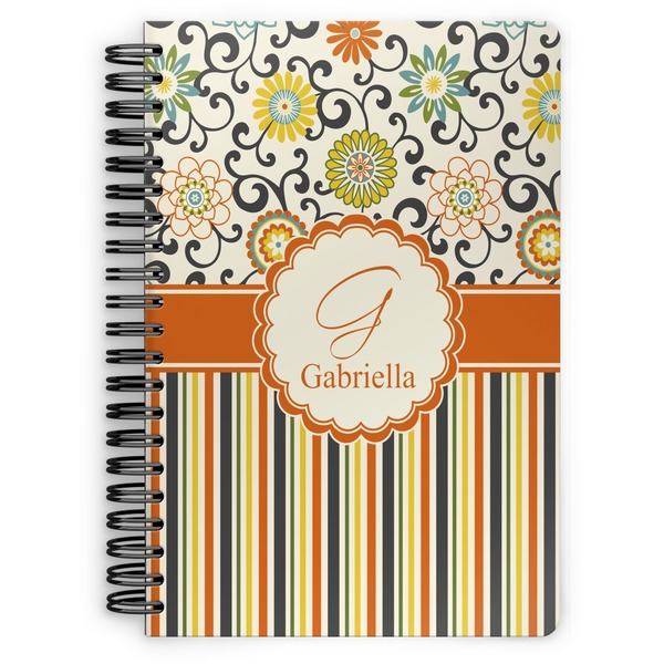 Custom Swirls, Floral & Stripes Spiral Notebook - 7x10 w/ Name and Initial