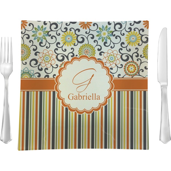 Custom Swirls, Floral & Stripes 9.5" Glass Square Lunch / Dinner Plate- Single or Set of 4 (Personalized)