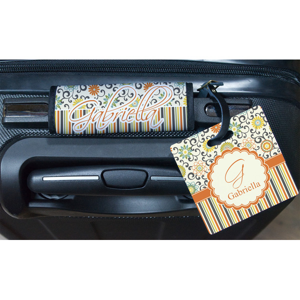 Swirls, Floral & Stripes Square Luggage Tag & Handle Wrap - In Context