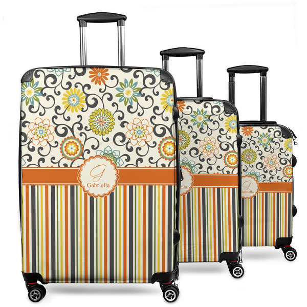 Custom Swirls, Floral & Stripes 3 Piece Luggage Set - 20" Carry On, 24" Medium Checked, 28" Large Checked (Personalized)