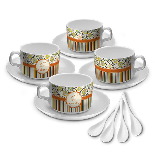 Custom Swirls, Floral & Stripes Tea Cup - Set of 4 (Personalized)