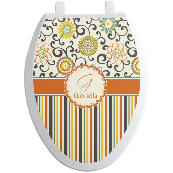 Custom Swirls, Floral & Stripes Toilet Seat Decal - Elongated (Personalized)