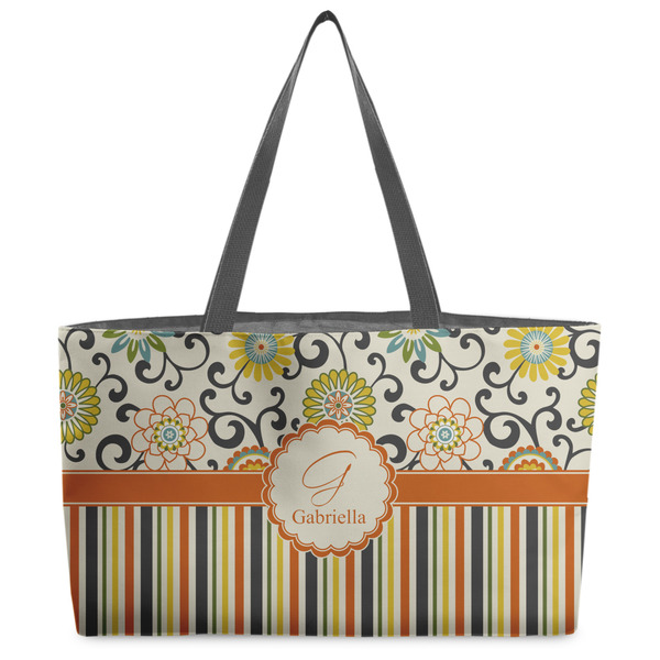 Custom Swirls, Floral & Stripes Beach Totes Bag - w/ Black Handles (Personalized)