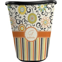 Swirls, Floral & Stripes Waste Basket - Single Sided (Black) (Personalized)