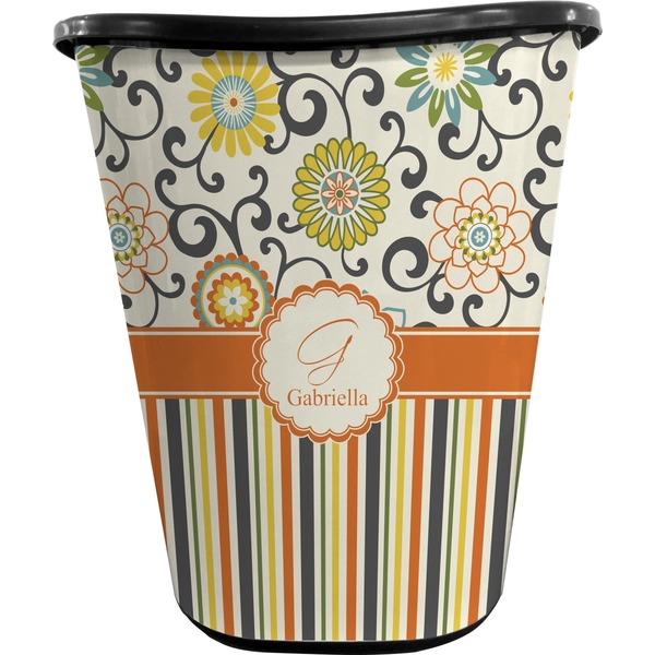 Custom Swirls, Floral & Stripes Waste Basket - Single Sided (Black) (Personalized)