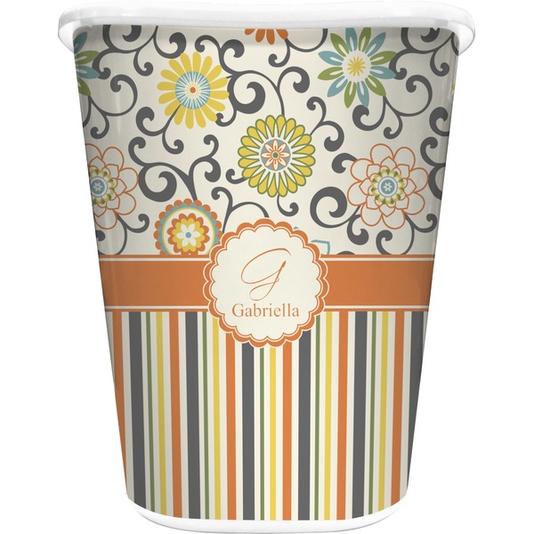 Custom Swirls, Floral & Stripes Waste Basket - Double Sided (White) (Personalized)