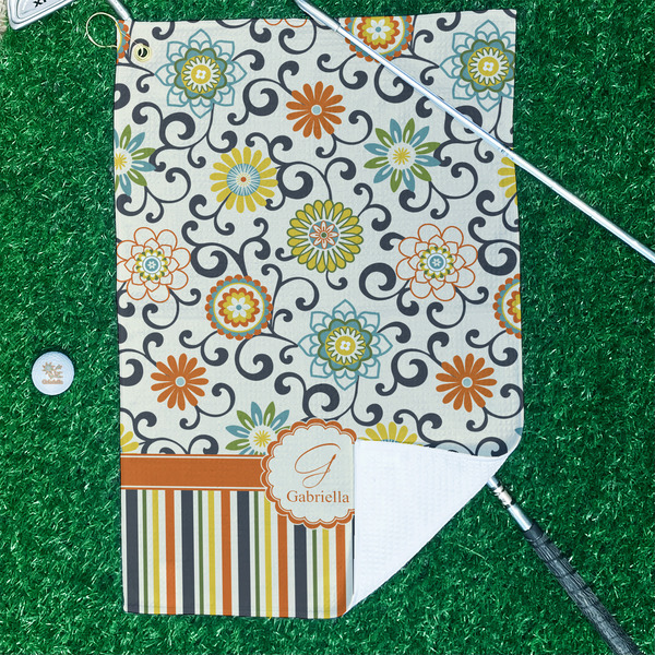 Swirls, Floral & Stripes Waffle Weave Golf Towel - In Context