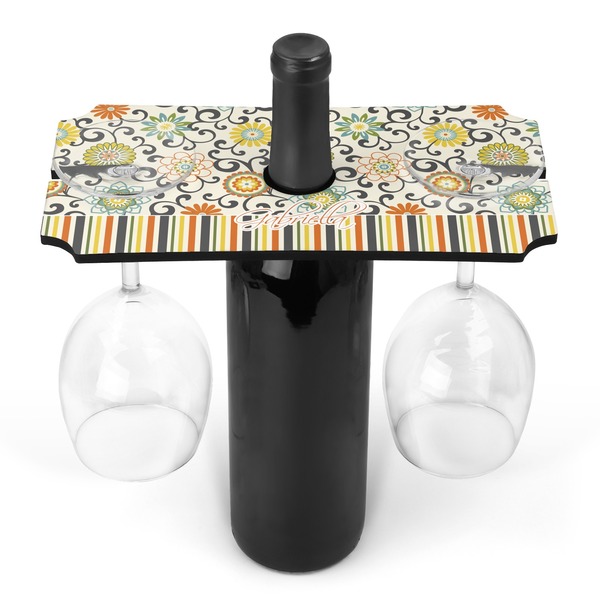 Custom Swirls, Floral & Stripes Wine Bottle & Glass Holder (Personalized)