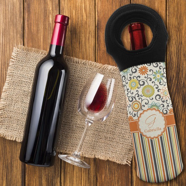 Swirls, Floral & Stripes Wine Tote Bag - FLATLAY