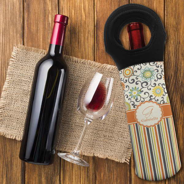 Swirls, Floral & Stripes Wine Tote Bag - FLATLAY