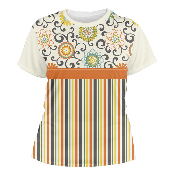 Custom Swirls, Floral & Stripes Women's Crew T-Shirt - 2X Large
