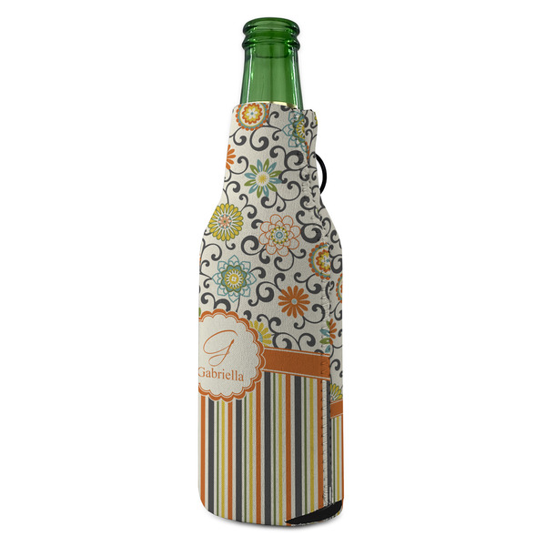 Swirls, Floral & Stripes Zipper Bottle Cooler - ANGLE (bottle)