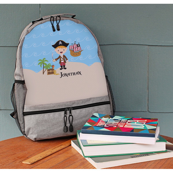 Pirate Scene Large Backpack - Gray - On Desk