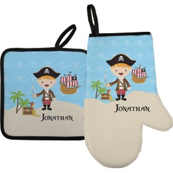 Pirate Scene Right Oven Mitt & Pot Holder Set w/ Name or Text