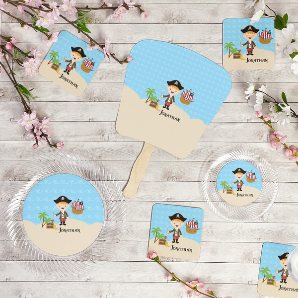 Pirate Scene Party Supplies Combination Image - All items - Plates, Coasters, Fans