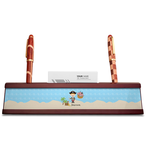 Pirate Scene Red Mahogany Nameplates with Business Card Holder - Straight