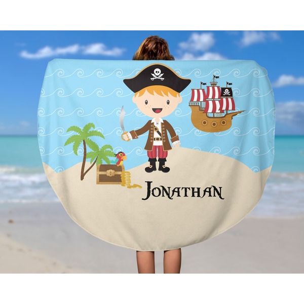 Pirate Scene Round Beach Towel - In Use