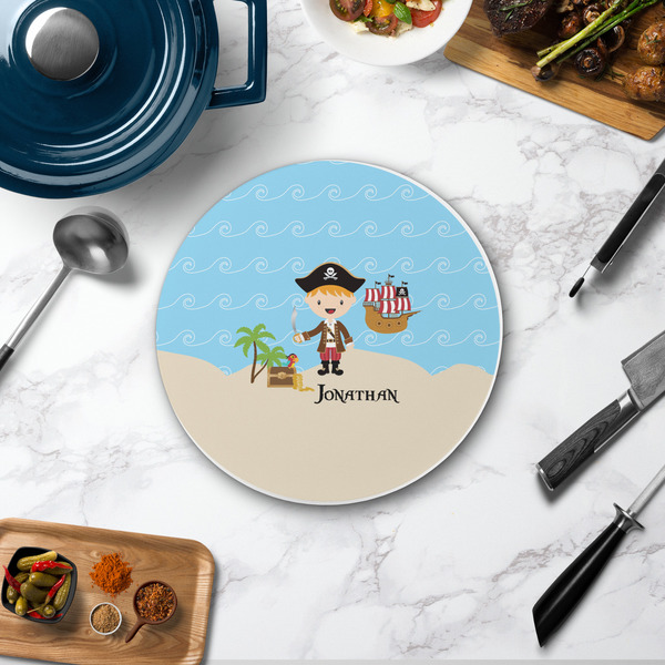 Pirate Scene Round Stone Trivet - In Context View