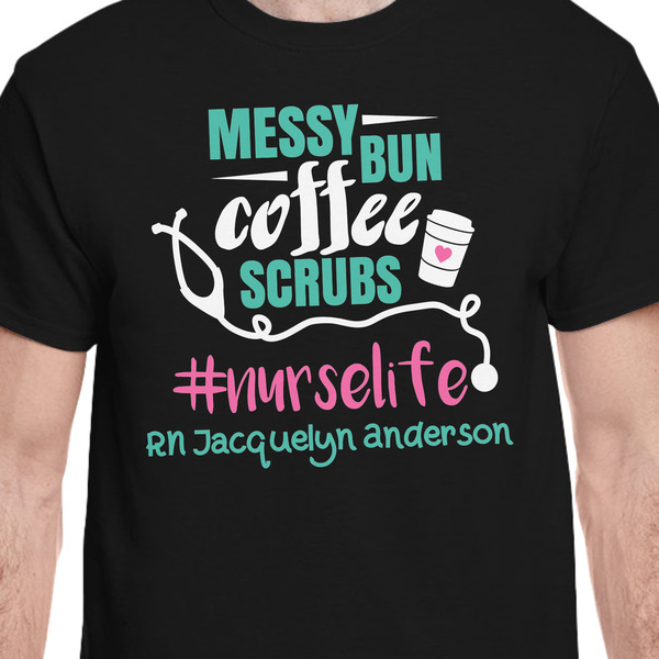 Nursing Quotes Black Crew T-Shirt on Model - CloseUp