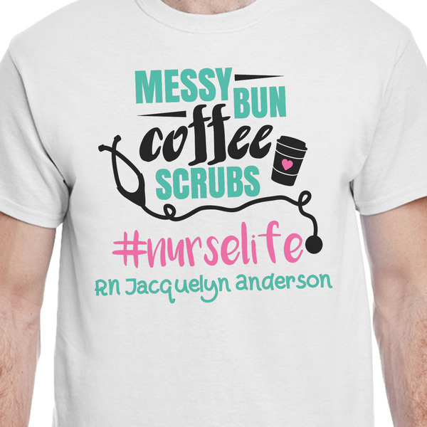 Nursing Quotes White Crew T-Shirt on Model - CloseUp