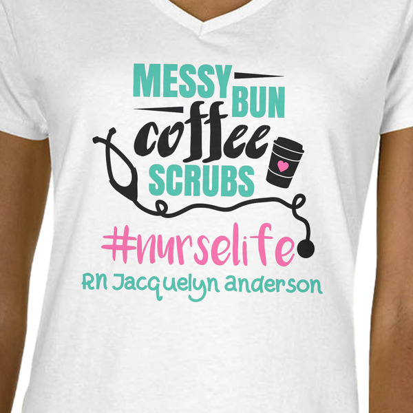 Nursing Quotes White V-Neck T-Shirt on Model - CloseUp
