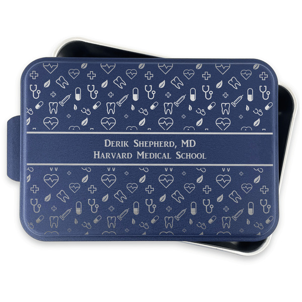 Medical Doctor Aluminum Baking Pan - Navy Lid - FRONT w/lid off